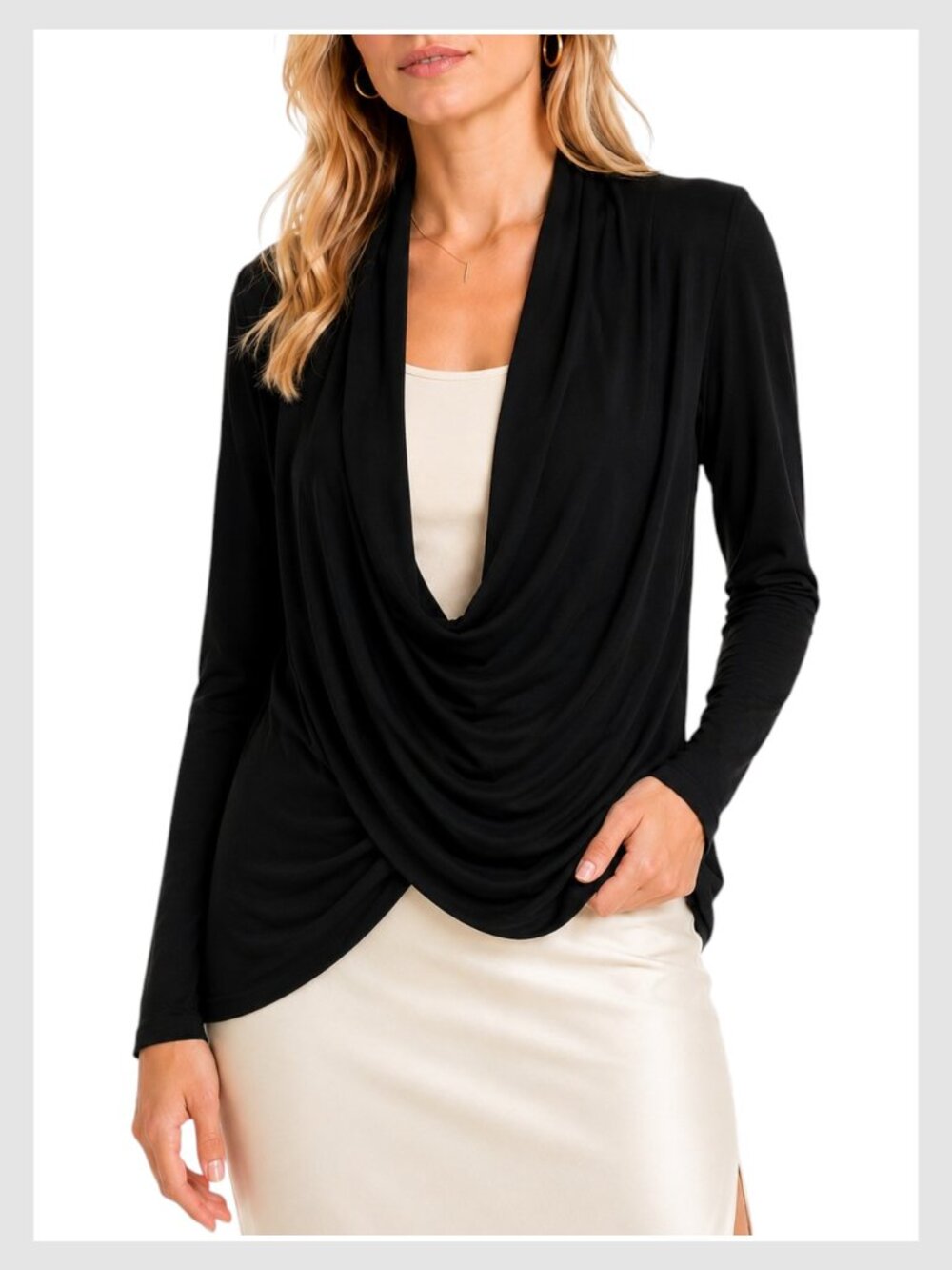 Women’s Drape Front Blouse Black Cowl Neck Crossover XL